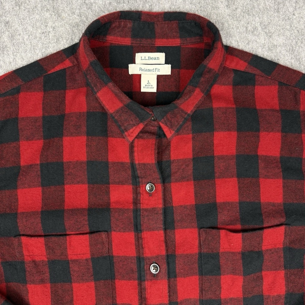 LL BEAN Scotch Plaid Flannel Shirt Women's Large Red Black Buffalo Check Relaxed - Picture 2 of 11